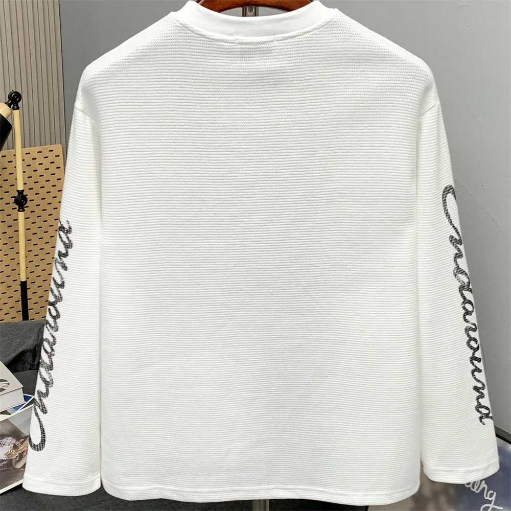 MWJLPWQ Dark-Toned Character Print Long-Sleeve T-Shirt Men Round Collar Loose Fit Round Neck Texture Top Spring Autumn Ins 20632
