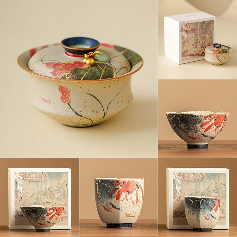 Hand-painted Lotus Leaf Koi Fish Ceramic Tea Set Retro Upscale Chinese Tea Cups Tea Bowl Ordinary Packaging/Gift Box Packaging