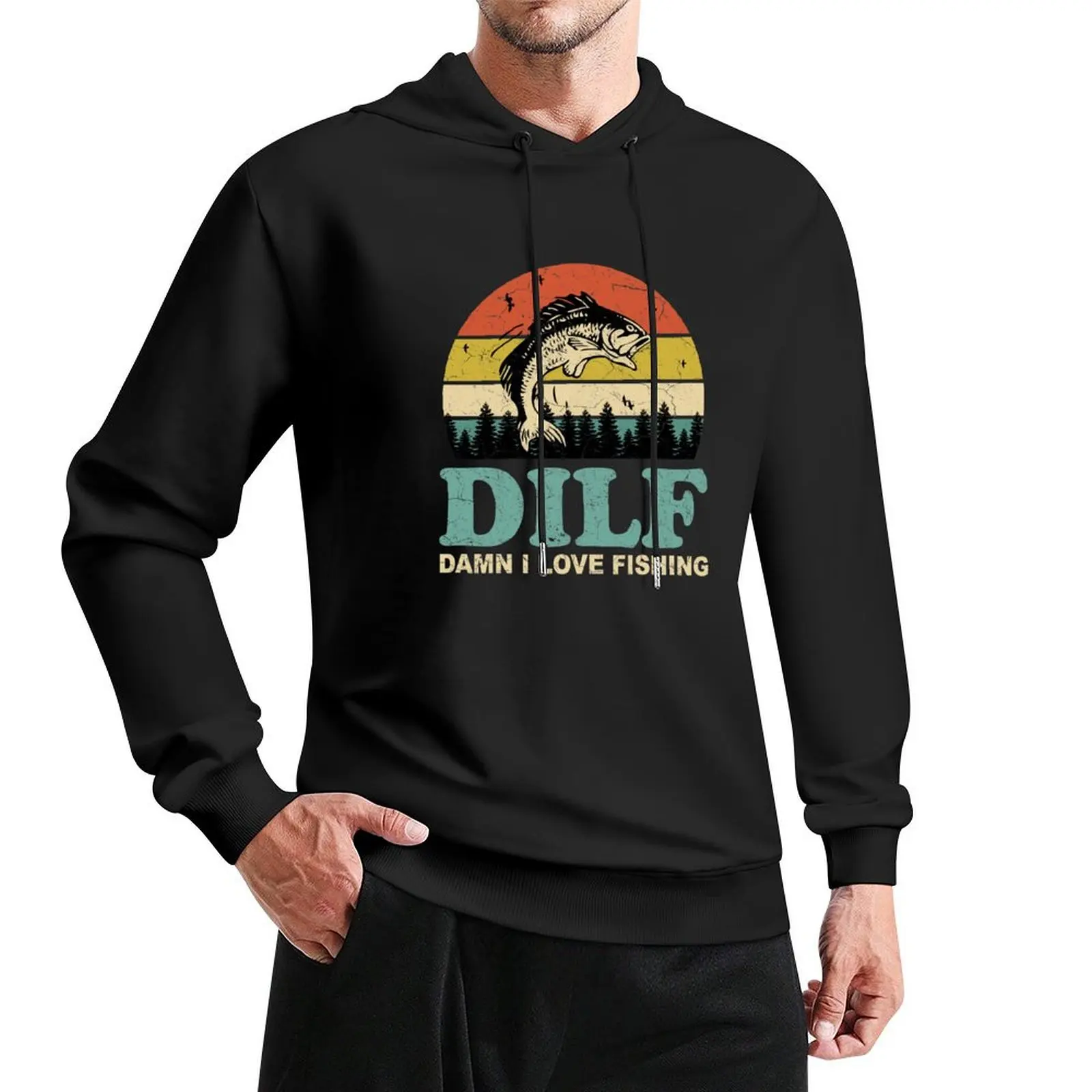 DILF Damn I Love Fishing Retro Vintage Sunset Funny Fishing Gift Pullover Hoodie streetwear men hoodie for men