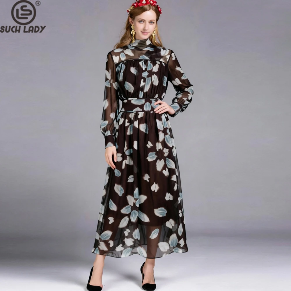 Women's Sheer Maxi Dress with Abstract Leaf Print High Neck  Long Sleeves, and Cinched Waist Fashion Vestidos