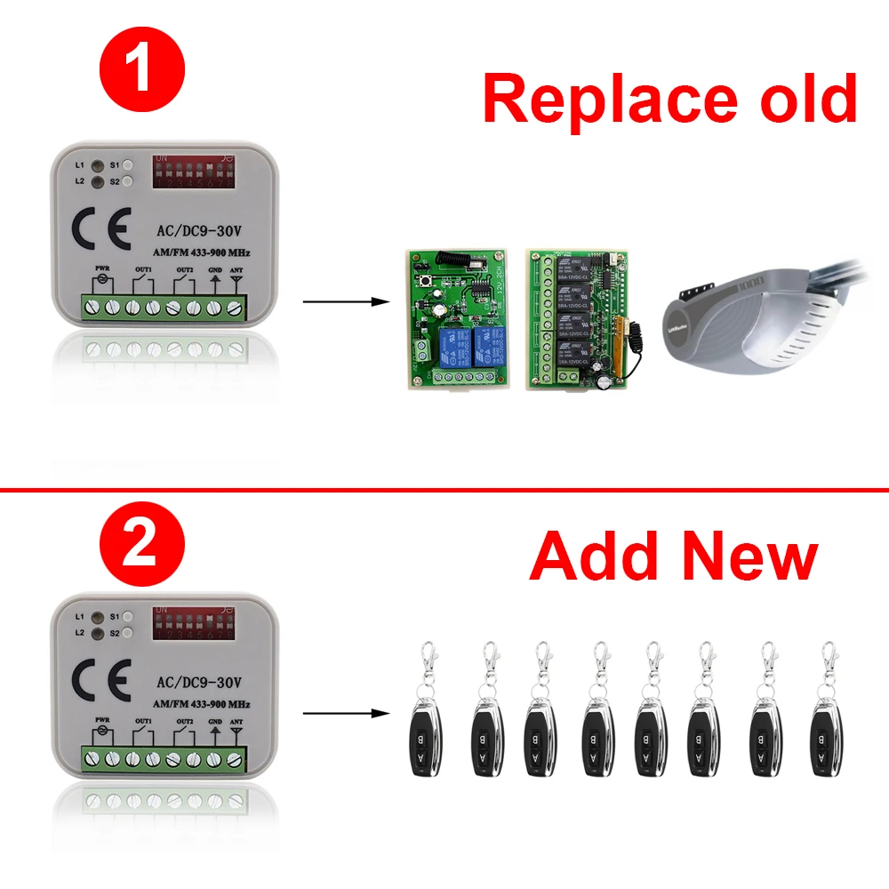Universal 300MHz-868MHz 433MHz Remote Control Receiver Switch Controller AC/DC 9V-30V 2CH Garage Door/Door Controller