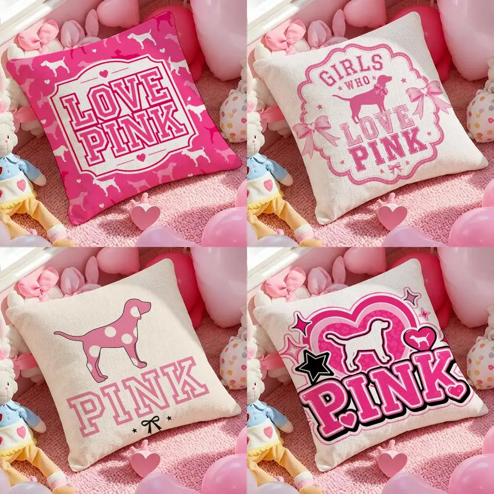 Pattern Love Pink Cushion Cover Pink Theme Linen‑Texture Double‑Sided Pillow Cover for Sofa Home Decor
