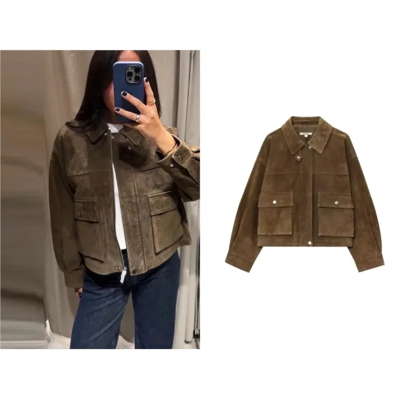 

NERHEFZ Women Leather Jacket with Button Fashion Autumn Laple Collar Long Sleeve Pcoket Short Jacket Causal Female Jacket