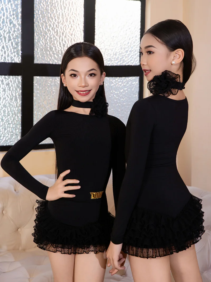 어린이 소녀 라틴 댄스 의상 긴 소매 바디수트와 케이크 스커트 어린이 대회 공연 연습 댄스웨어