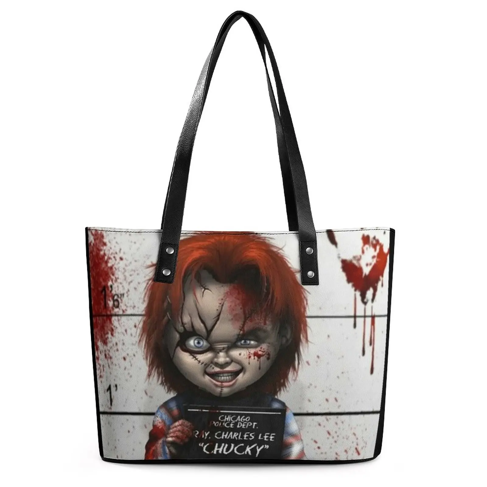 

Chucky from Childs Play Handbags Tv Series Handle Tote Bag Aesthetic PU Leather Shoulder Bag Women Office Graphic Shopping Bags