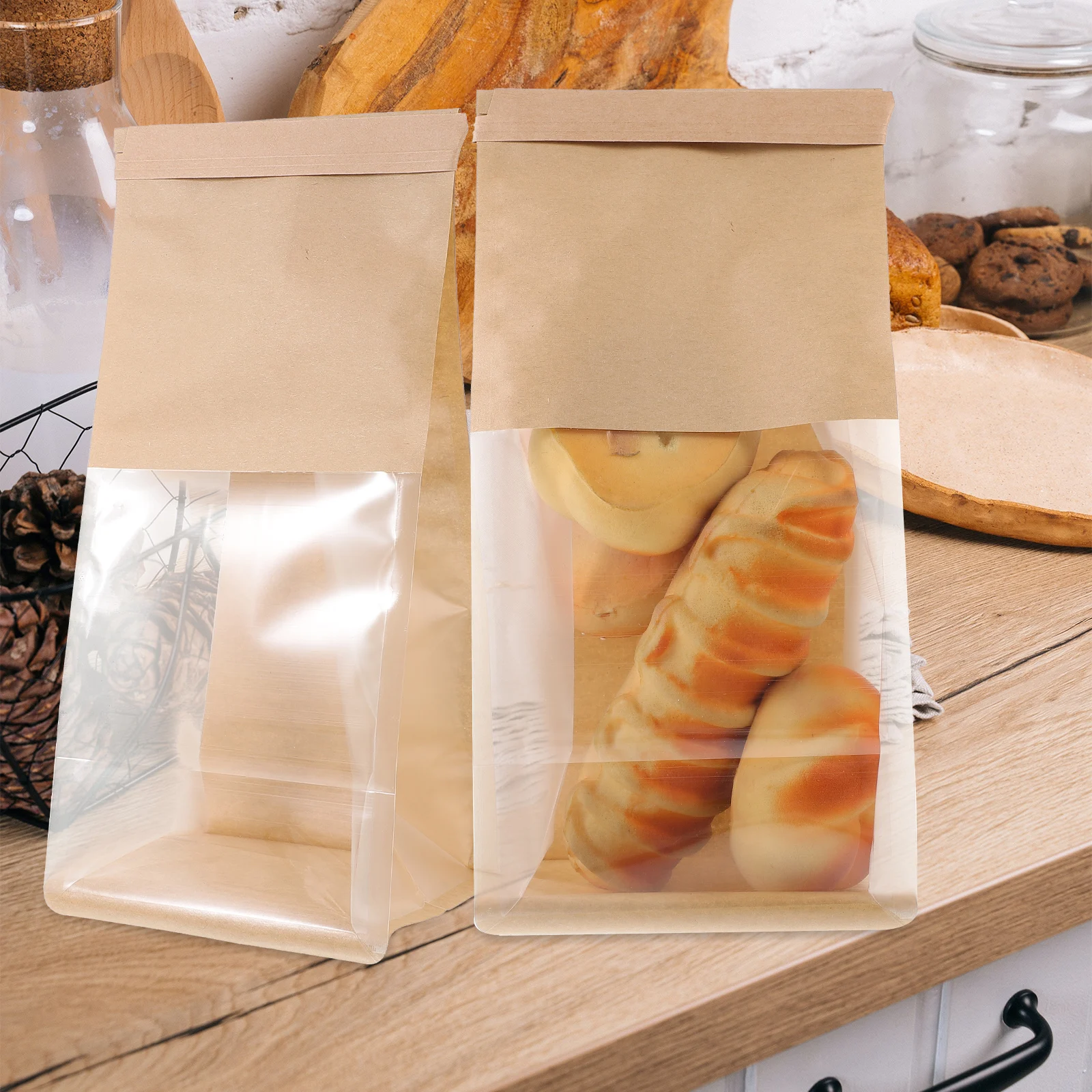 

50 Pcs Bread Bag Bakery with Clear Window Paper Treat Bags Packing for Homemade