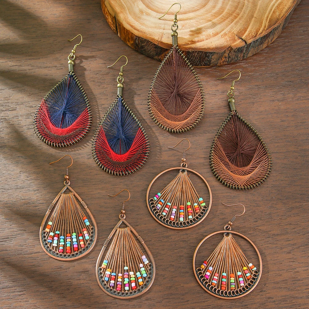 مجموعة أقراط بوهو كلاسيكية مصنوعة يدويًا، أقراط مطرزة على شكل دمعة دائرية هندسية مثالية للحفلات والارتداء اليومي والتنقل في العطلات