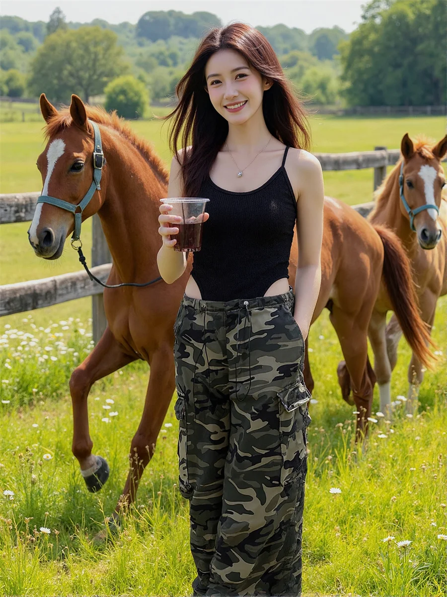 Pantaloni casual da donna stile coreano Camouflage bordo grezzo donna orlo senzaed look vintage moda streetwear trendy vita alta dritto