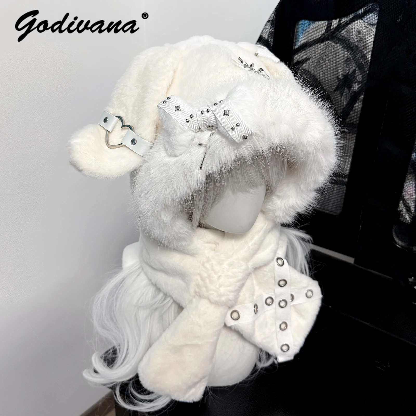 

Оригинальная шапка с заячьими ушками, субкультура, новая зимняя теплая меховая шапка с защитой ушей в стиле панк для женщин и девочек, плюшевые шапки Y2k с костями