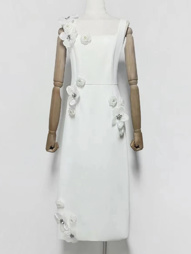 2025 summer women's new square collar three-dimensional beaded flower dinner suspender dress temperament swing A-line dress