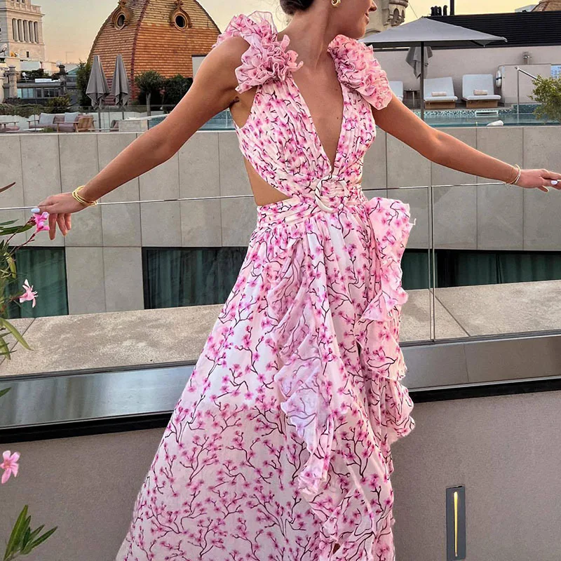 Elegante Gebloemde Schouder Diepe V-Hals Lange Jurk Temperament Taille Ruffle Feestjurk Vrouwen Sexy Stropdas Backless High Street Jurk - afbeelding 1