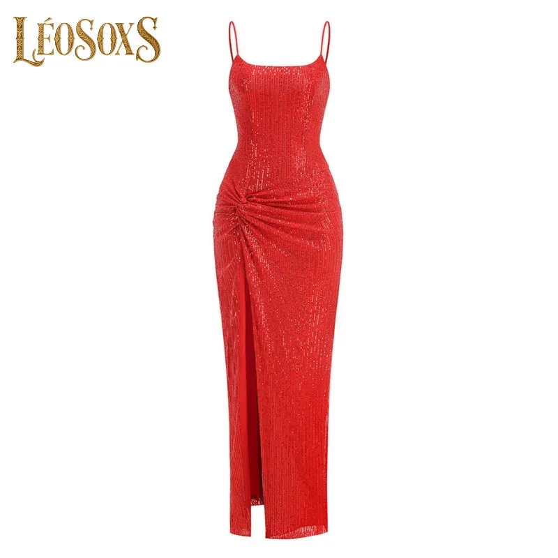 

LEOSOXS Women's Sleeveless Sequined Midi Evening Dress V-Neck Split Hem For Formal Galas And Wedding Receptions 2025