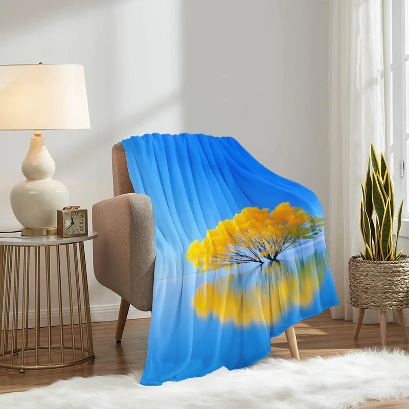 1pc Plush Flannel Blanket - -Inspired Ginkgo Tree & Print, Soft Blue & Golden Bedspread, All-Season Cozy Throw for s &, Luxury B