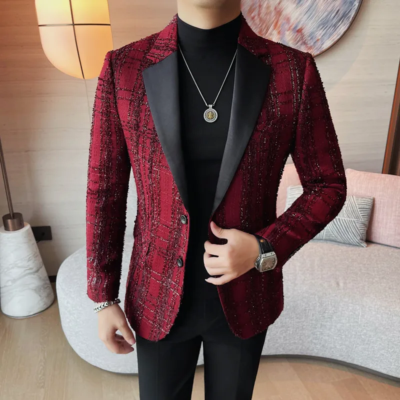 British Style Woven Suit Jacket Men Fashion Plaid Casual Business Blazer Gentleman Versatile Banquet Party Groom Wedding Coats