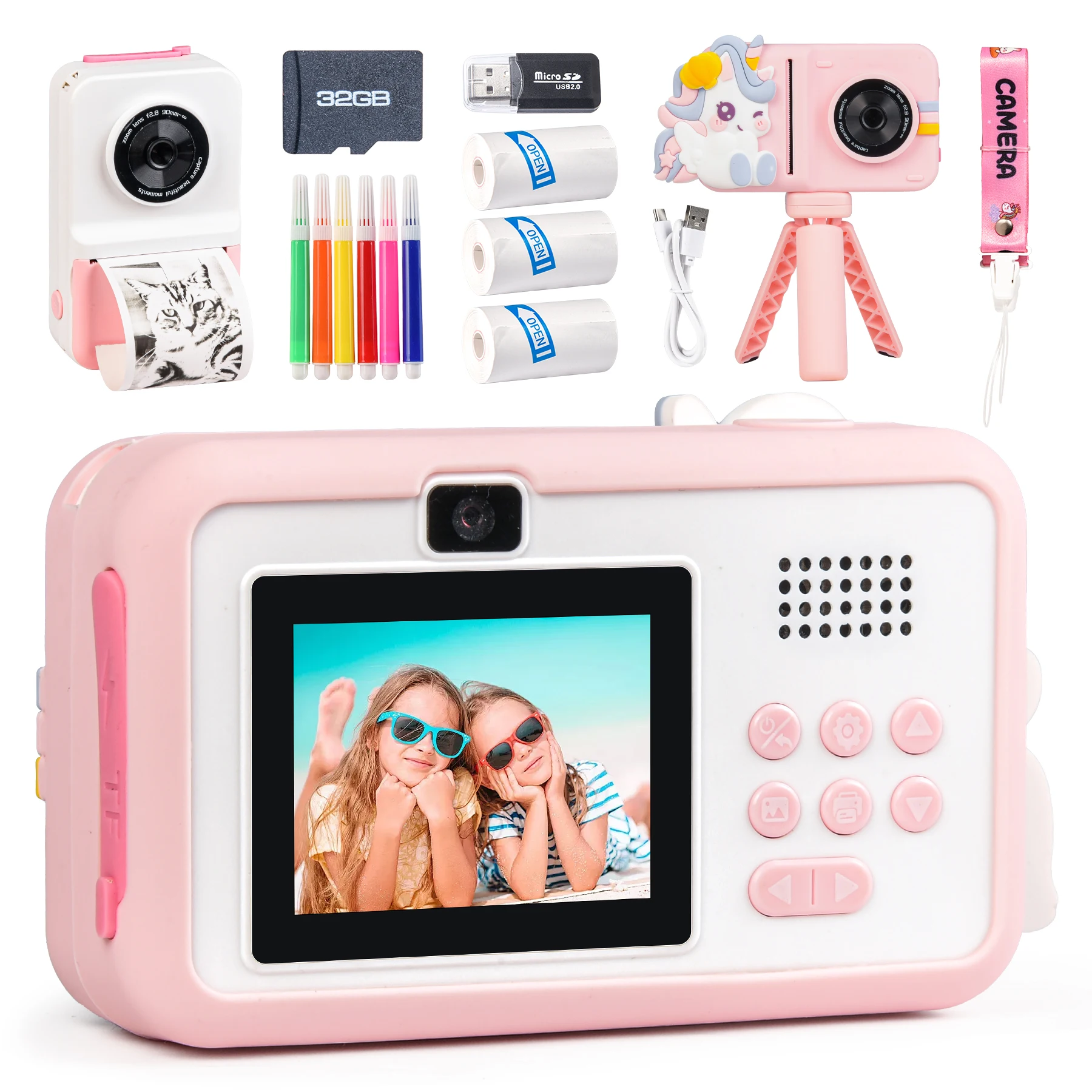 Câmera de impressão instantânea infantil Unilabo, vídeo selfie 1080P de lente dupla, presente de brinquedo portátil para idades de 3 a 12 anos com 3 rolos de papel e cartão 32G