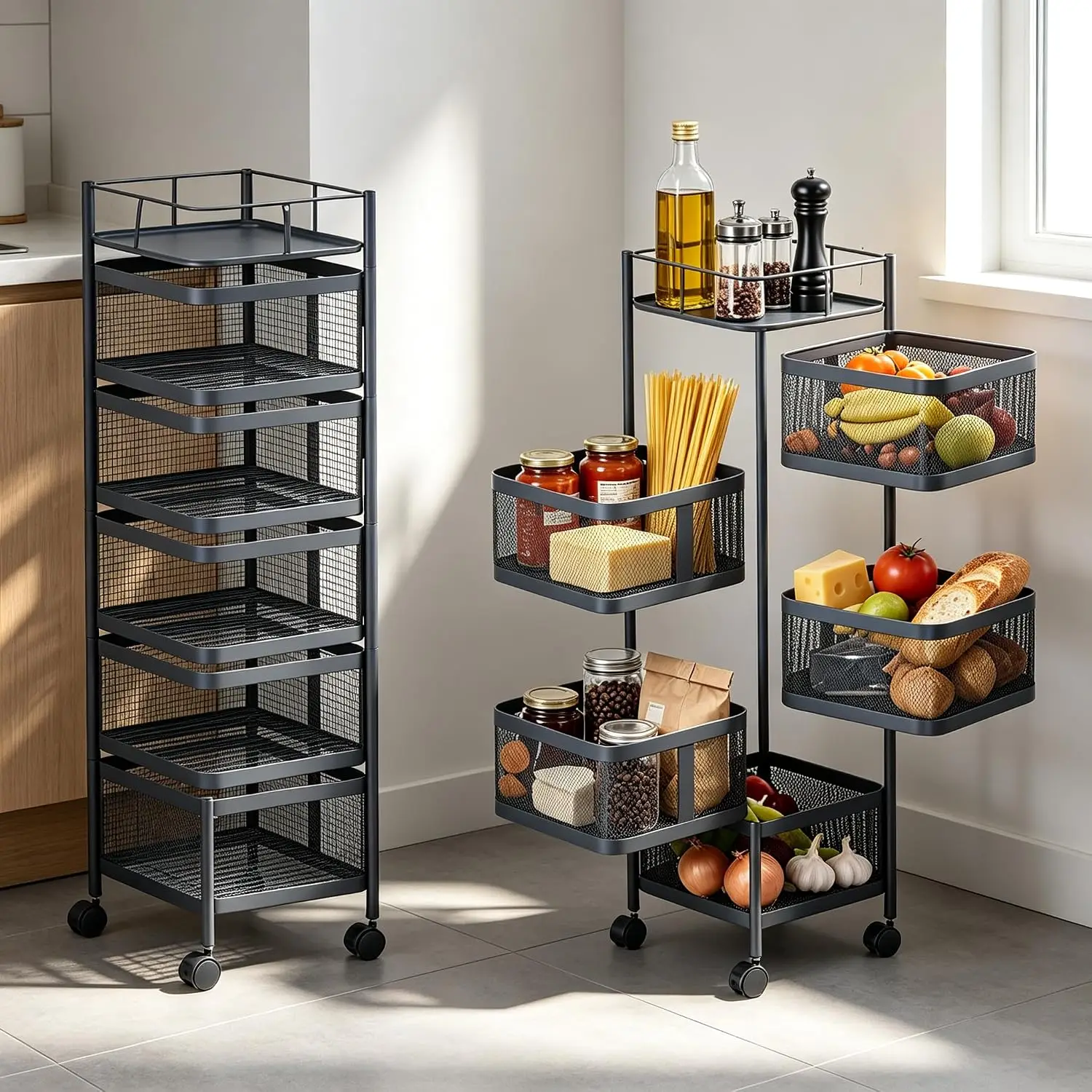 5 Tier Rotating Kitchen Storage Rack, Rotating Storage Rolling Cart with Metal Mesh & Top Lid, 5 Tier Laundry Basket Organizer, Rolling Utility Cart for Fruit, Vegetable, Snack, Black