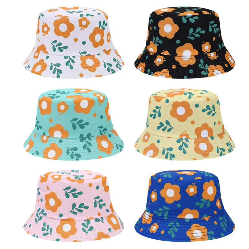 Bocca Children Bucket Hat Flower Print Fisherman Hats Girl Kids Panama Cap Cartoon Double Sides Child Caps Summer Sun Outdoor