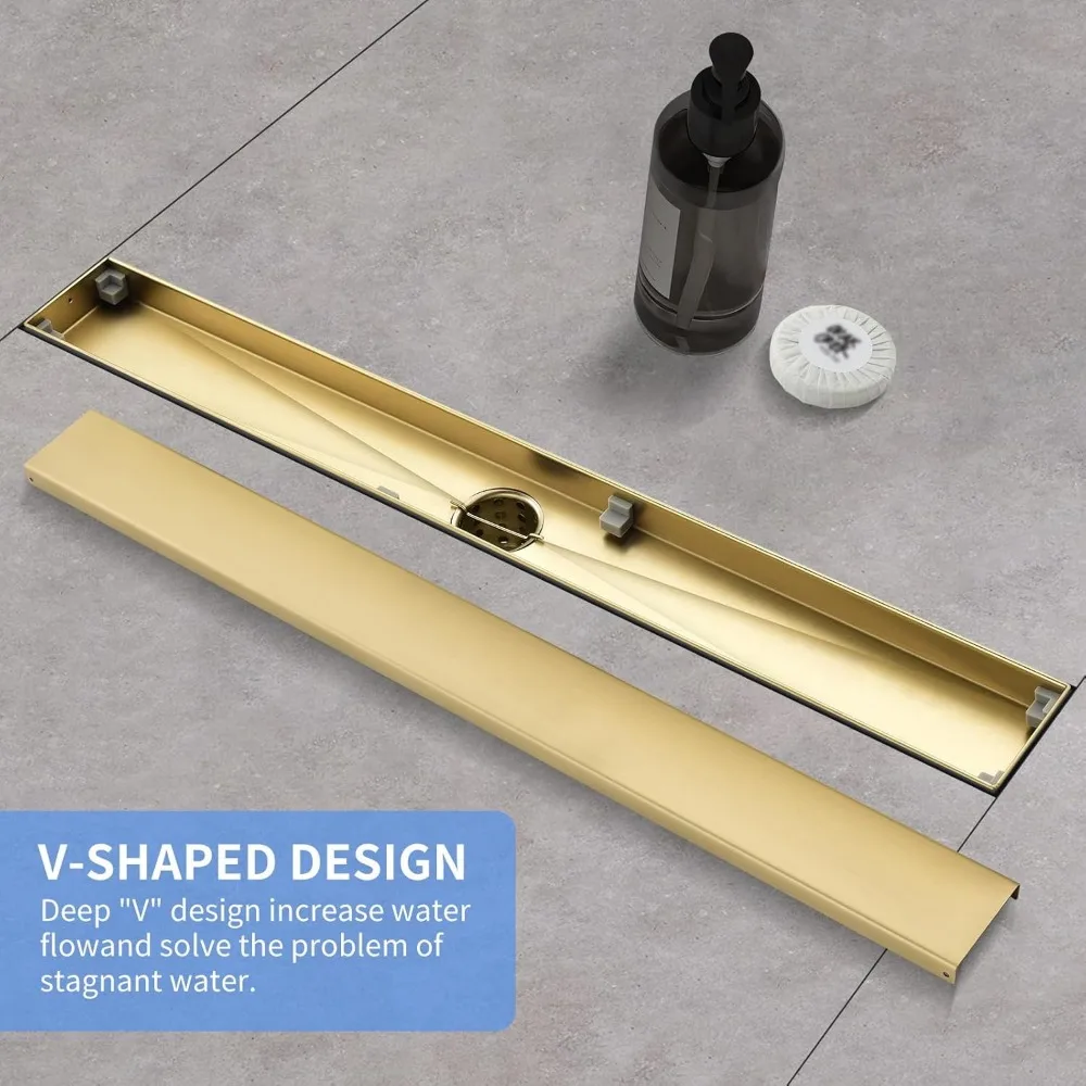 24 تصريف دش من الفولاذ المقاوم للصدأ باللون الذهبي المصقول مع حشوة للبلاط، صائد الشعر، تصريف أرضي مستطيل للتصميم الخطي #6