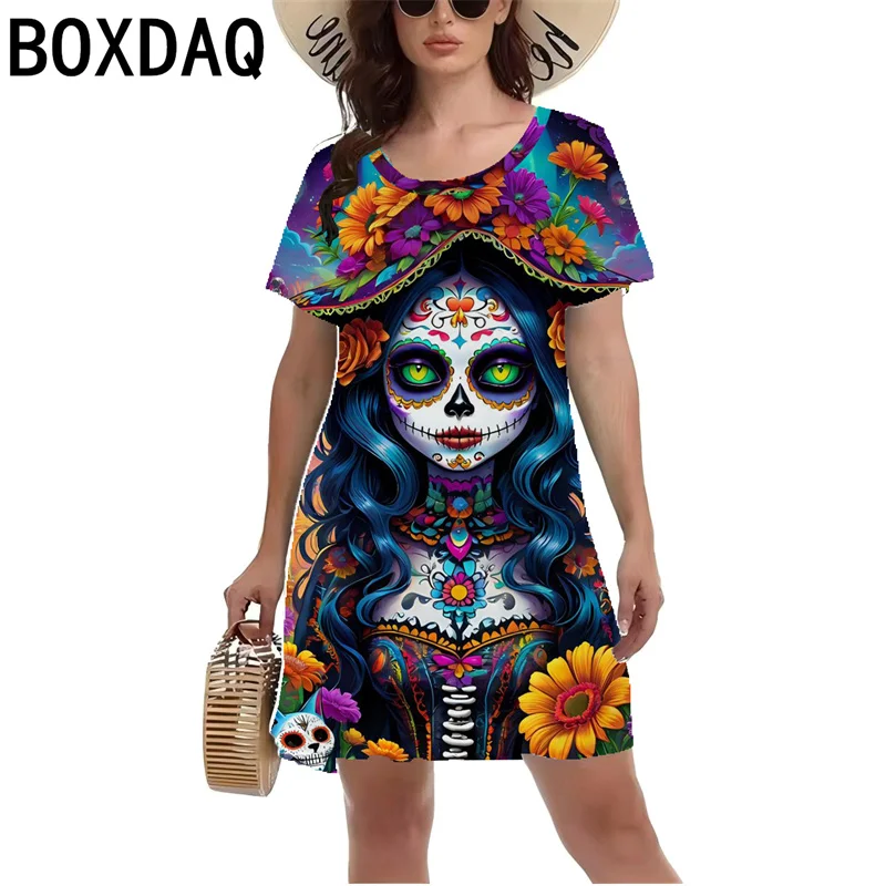 

3D Vintage Personality Rose Skull Printed Dress Women Short Sleeve O-Neck Casual Dress Lady Halloween Party Mini Dress