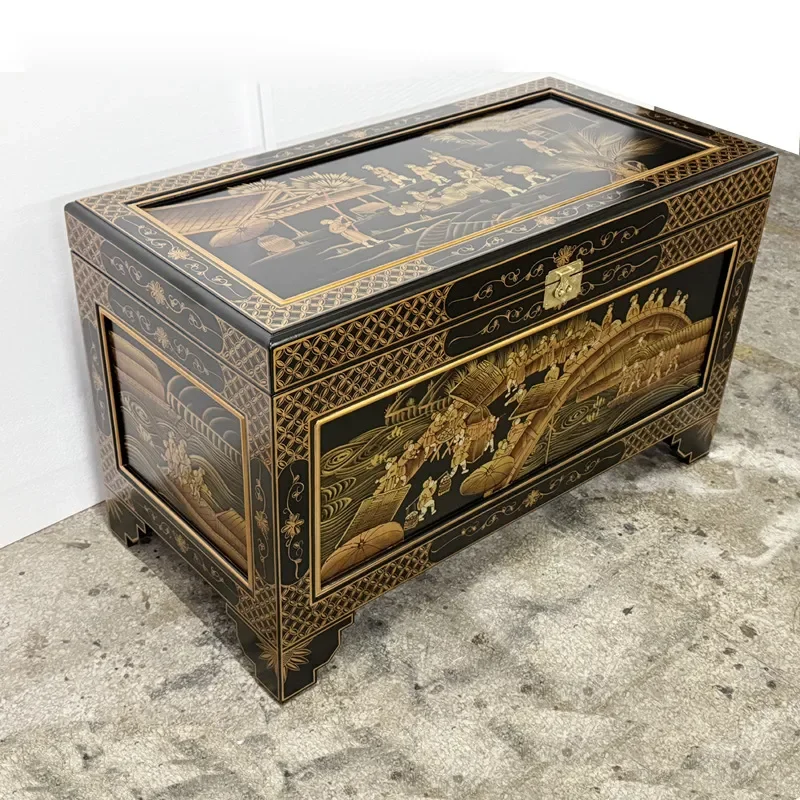Retro French Style Gold Painted Bay Window Cabinet with Qingming Shanghe Picture Flip Door Stacked Decorative Storage Locker