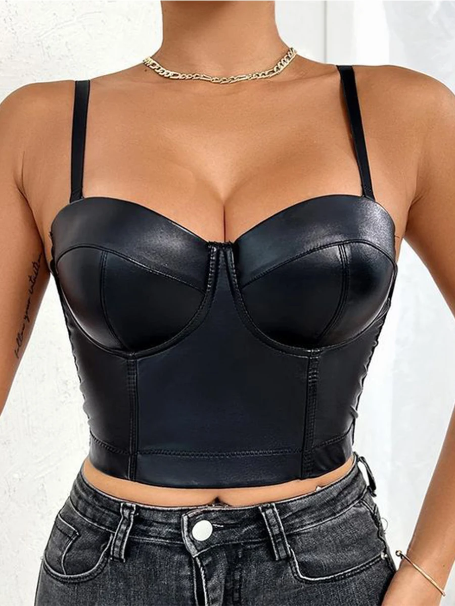 Sexy Stretch Solid PU Leather Look Bustier Crop Corset Top Party Clubwear Body Shaper