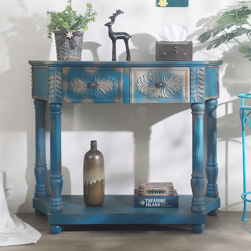 Designer retro curved semicircle against the wall entrance table peacock blue old carved side table entrance entrance table