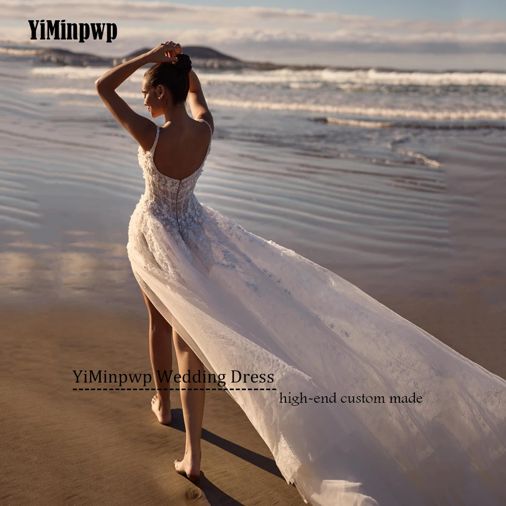 2025년 신부 스파게티 스트랩 A라인 스플릿 백리스 비즈 비치 웨딩드레스 아플리케 웨딩 가운 맞춤 제작