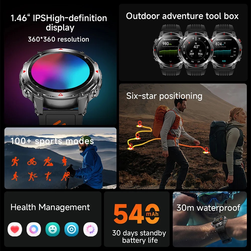 T-REX Military Outdoor Sports GPS Smartwatch LED Flashlight, 540MAH Battery, 3ATM Waterproof Compass, Bluetooth Call, For Xiaomi