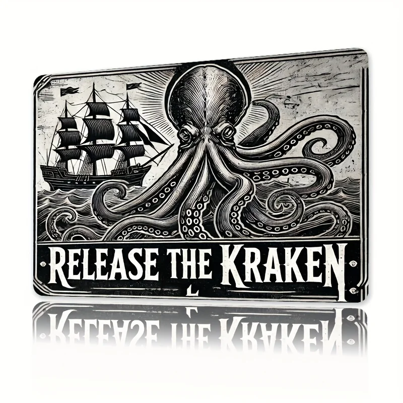 Relajación en el Hogar |   Letrero Metálico "Release the Kraken" - Arte Mural con Temática Náutica, Decoración de Hojalata para Bares, Cafeterías, Villas de Playa