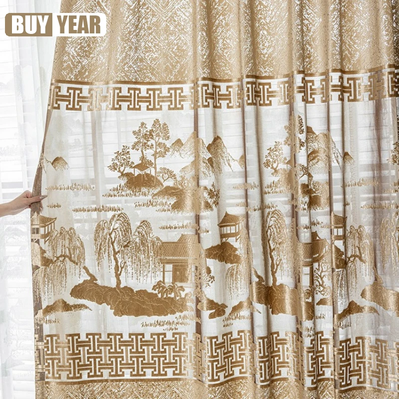 Chinese Style Curtain Embossed High-end Hollow Tea Room Floor-to-ceiling Curtains for Living Dining Room Bedroom Customization