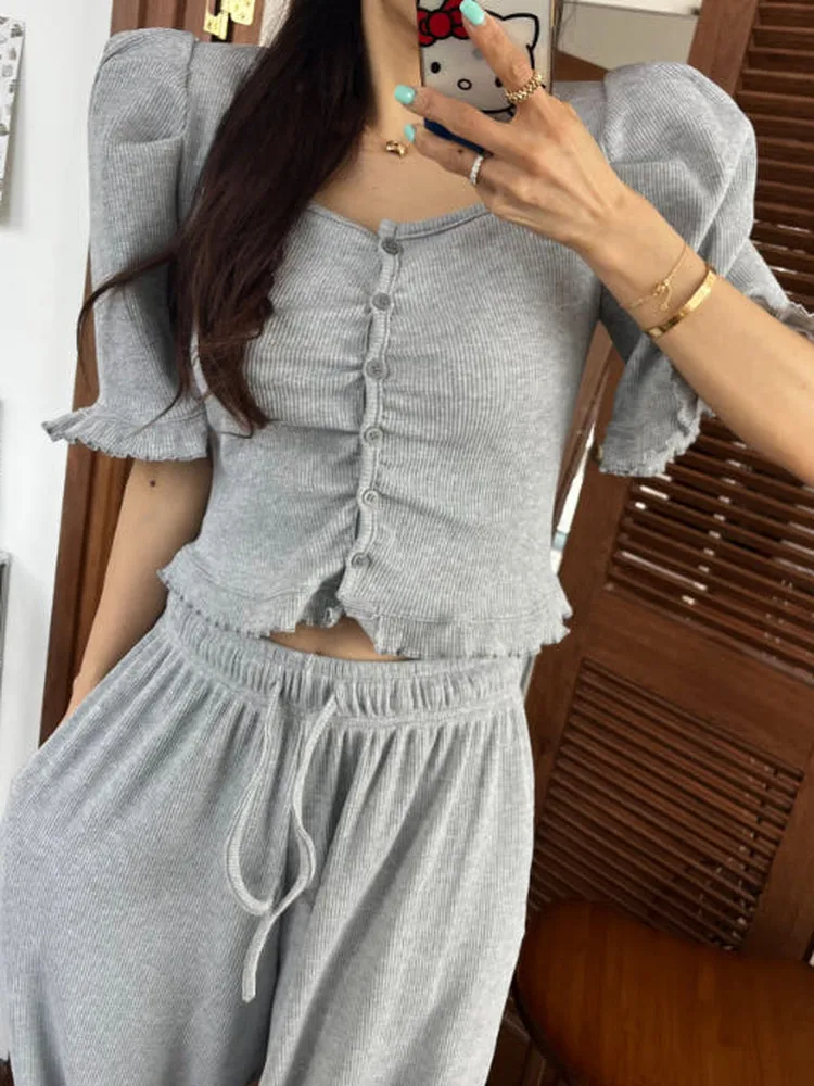 Women's Fashion Design Casual Bubble Sleeve Open Cardigan Top And Straight Leg Pants Two-Piece Set Wooden  Trim
