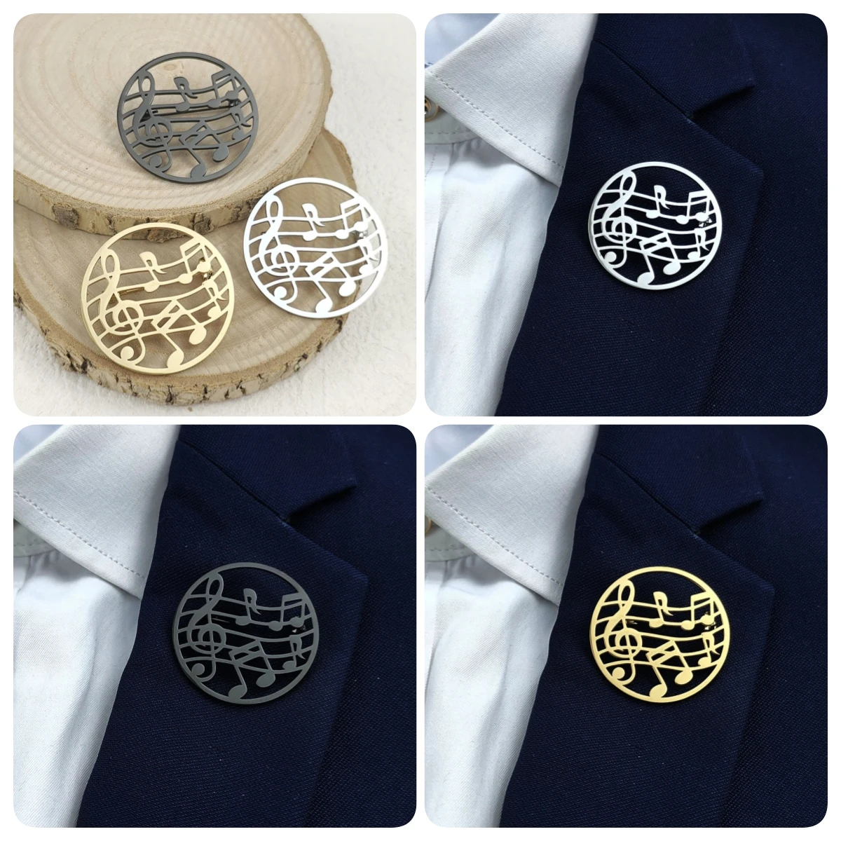 

Metal costume brooch. Golden circular musical note stainless steel brooch, universal chest badge pin, exquisite and compact gift