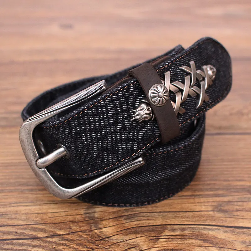 Unisex Western Cowboy Studded Denim Belt for Men Women Punk Rock Rivet Belt Adjustable Pin Buckle Casual Jeans Waist Belt