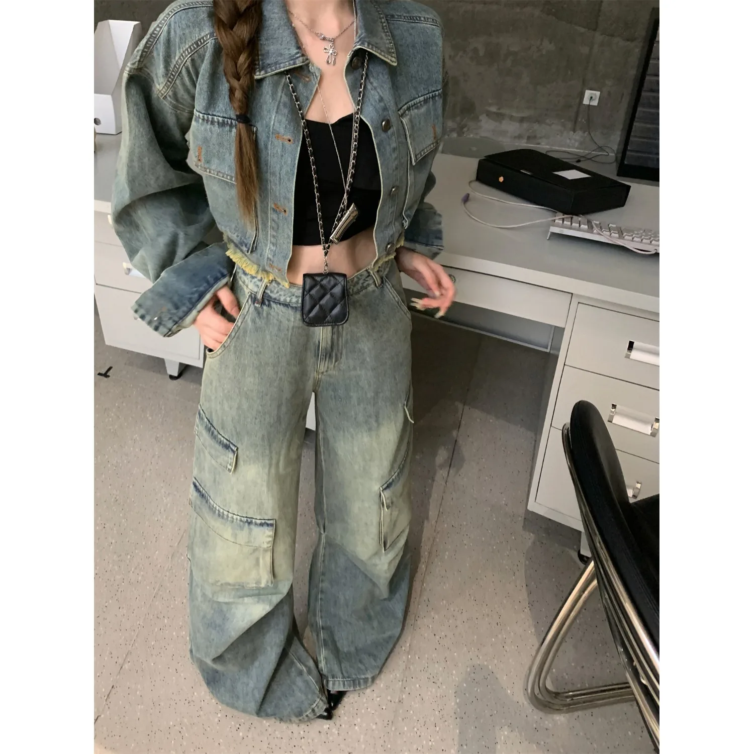 

Короткая джинсовая куртка в американском стиле, женские свободные прямые джинсы, рабочие брюки, осенняя новинка, эффект похудения