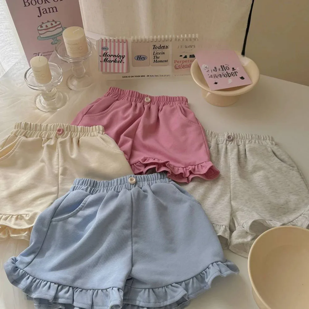 1-6jaar Oude Meisjes Dunne Shorts 2024 Zomer Puur Katoenen Losse Ruches Kanten Korte Broek Baby Kids Hotpants Kinderkleding ﻿