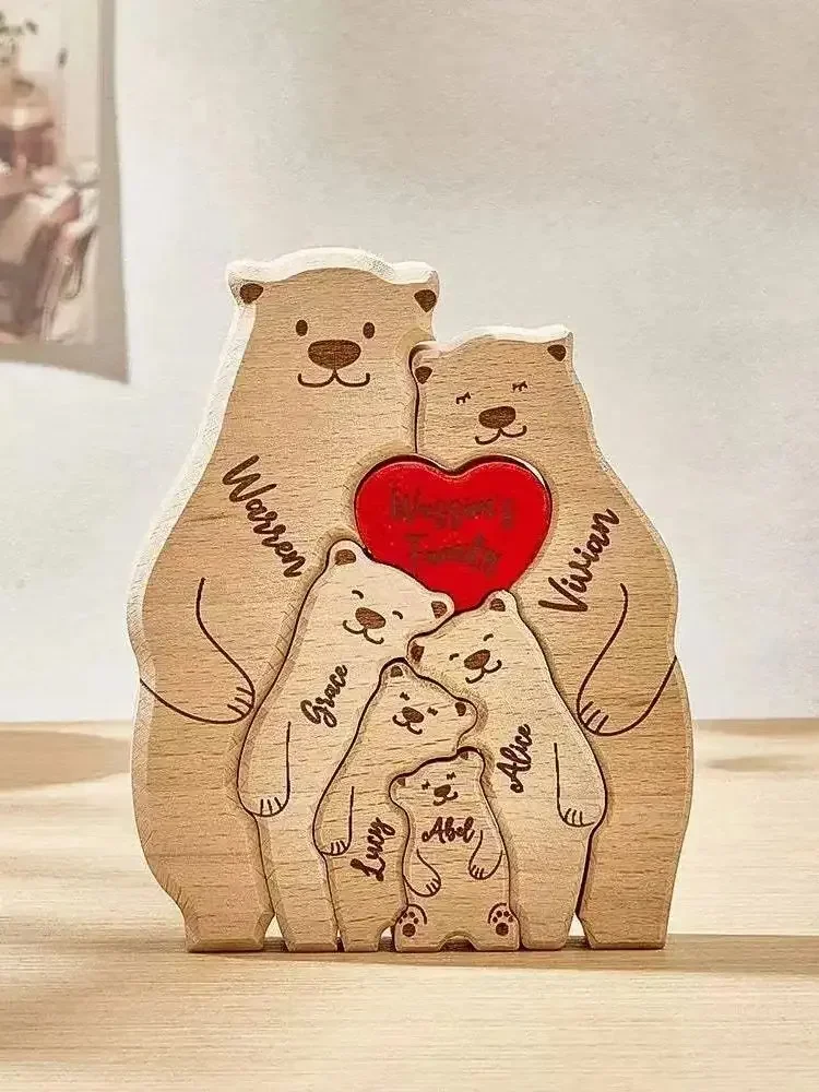 Puzzle ours familial personnalisé – Décor rustique en bois personnalisé de 2 à 6 noms, cadeau idéal pour la fête des mères/pères et les souvenirs de la maison