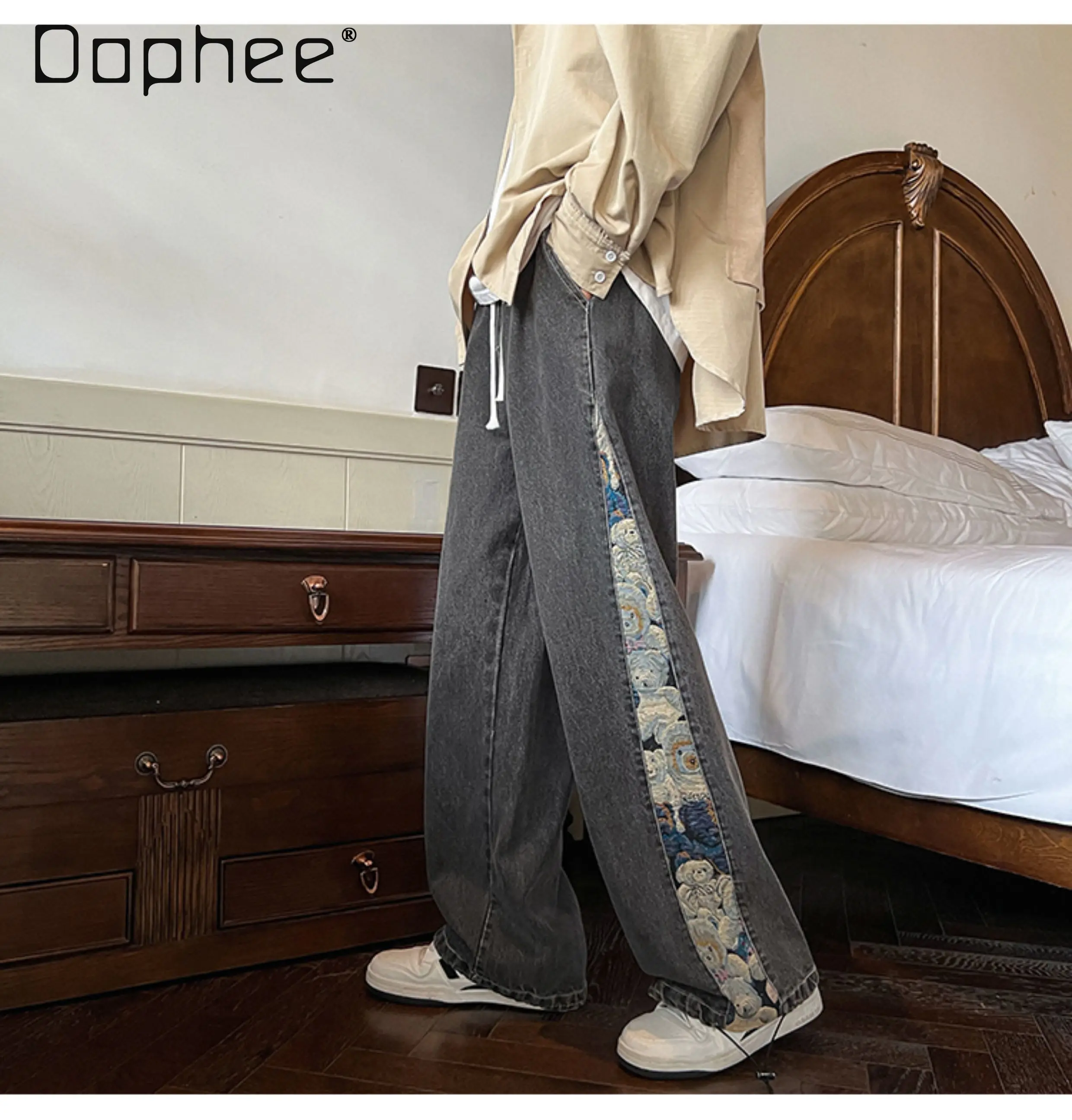 

Новинка весны и осени 202, мужские синие длинные джинсы с вышивкой, широкие брюки с принтом медведя, повседневные прямые черные брюки