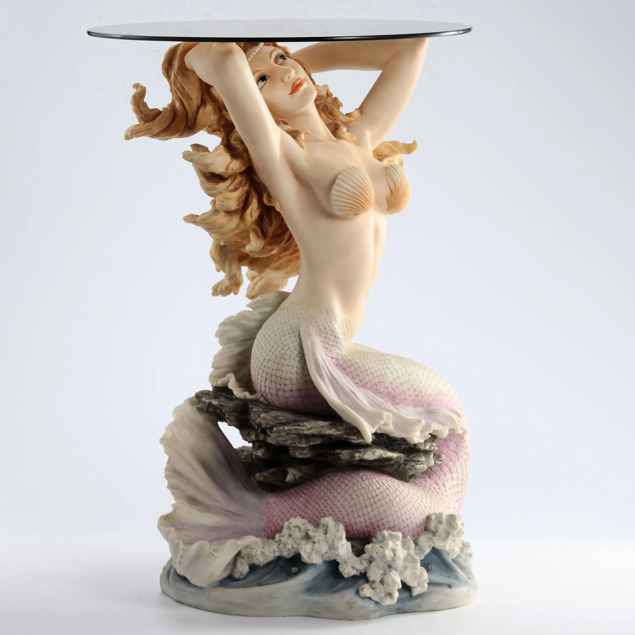 Resin Mermaid Sculpture Side Table Wave Base Glass Top Accent Table Nautical Home Decor Ornament Living Room Entrance Display