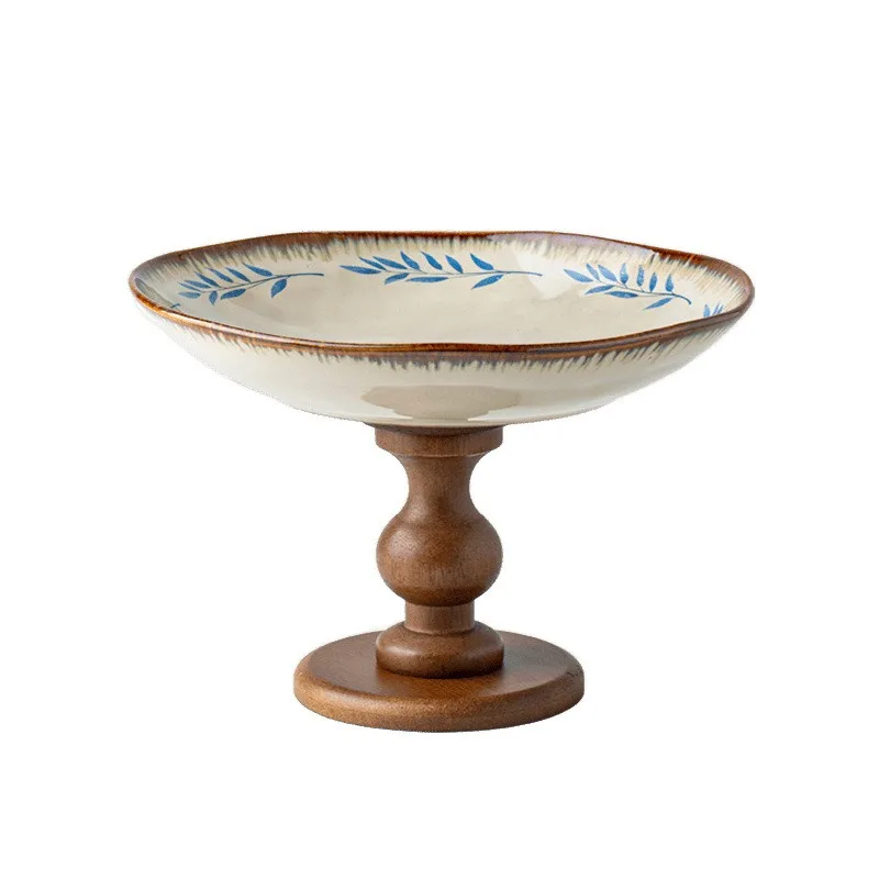 

Premium light luxury wood high-footed ceramic fruit plate snack tray retro French storage plate cake snack plate