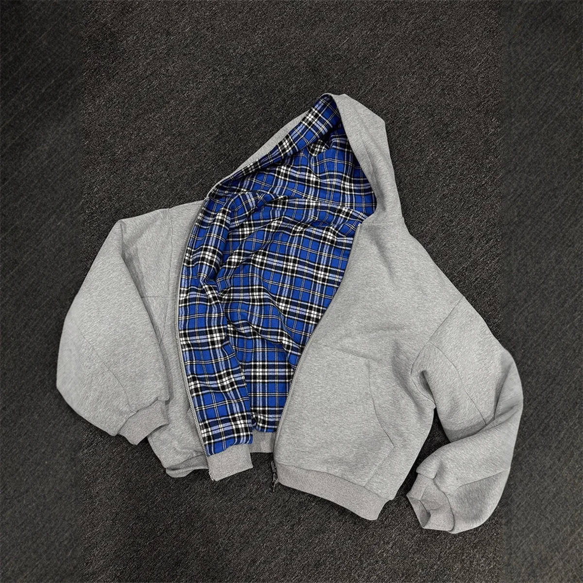 

2025 New Casual Retro Zipper Hoodie Gothic Blue Striped Plaid Front and Back Two Sweatshirt 90s Hip Hop Loose Gray Sweatshirt
