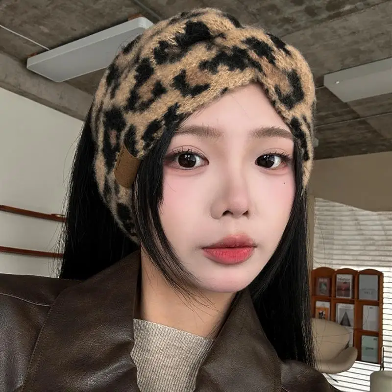 

Cross Plush Hair Bands Vintage Leopard Print Elastic Wool Knitted Headbands Vintage Autumn Winter Warm Turban Hair Accessories