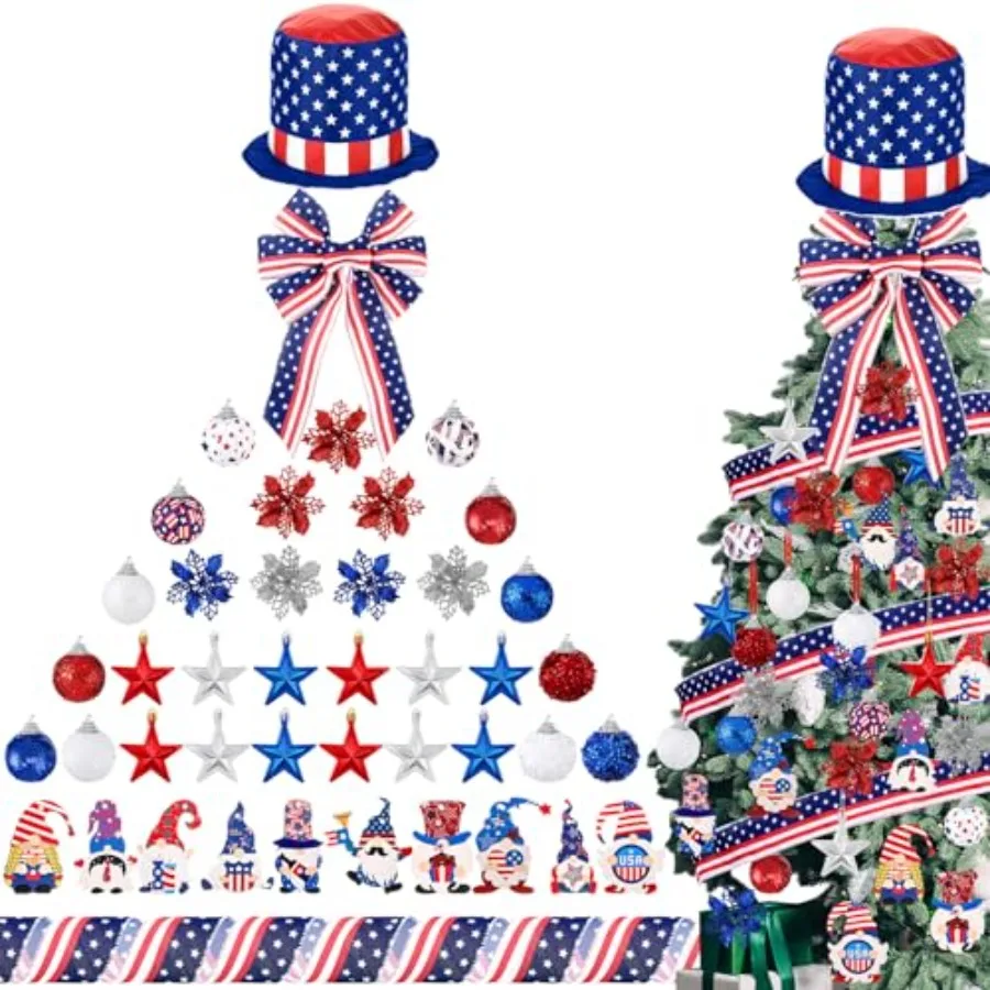 

43 Pcs 4th of July Tree Decorations Independence Day Christmas Tree Ornaments Ribbon Topper Red White and Blue Hanging Ornament