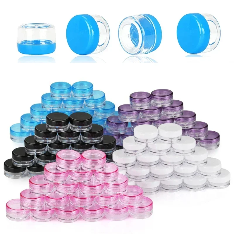 50개 2g-20g 원형 투명 플라스틱 샘플 용기 다양한 색상 뚜껑 휴대용 여행용 크림 로션 글리터 용기