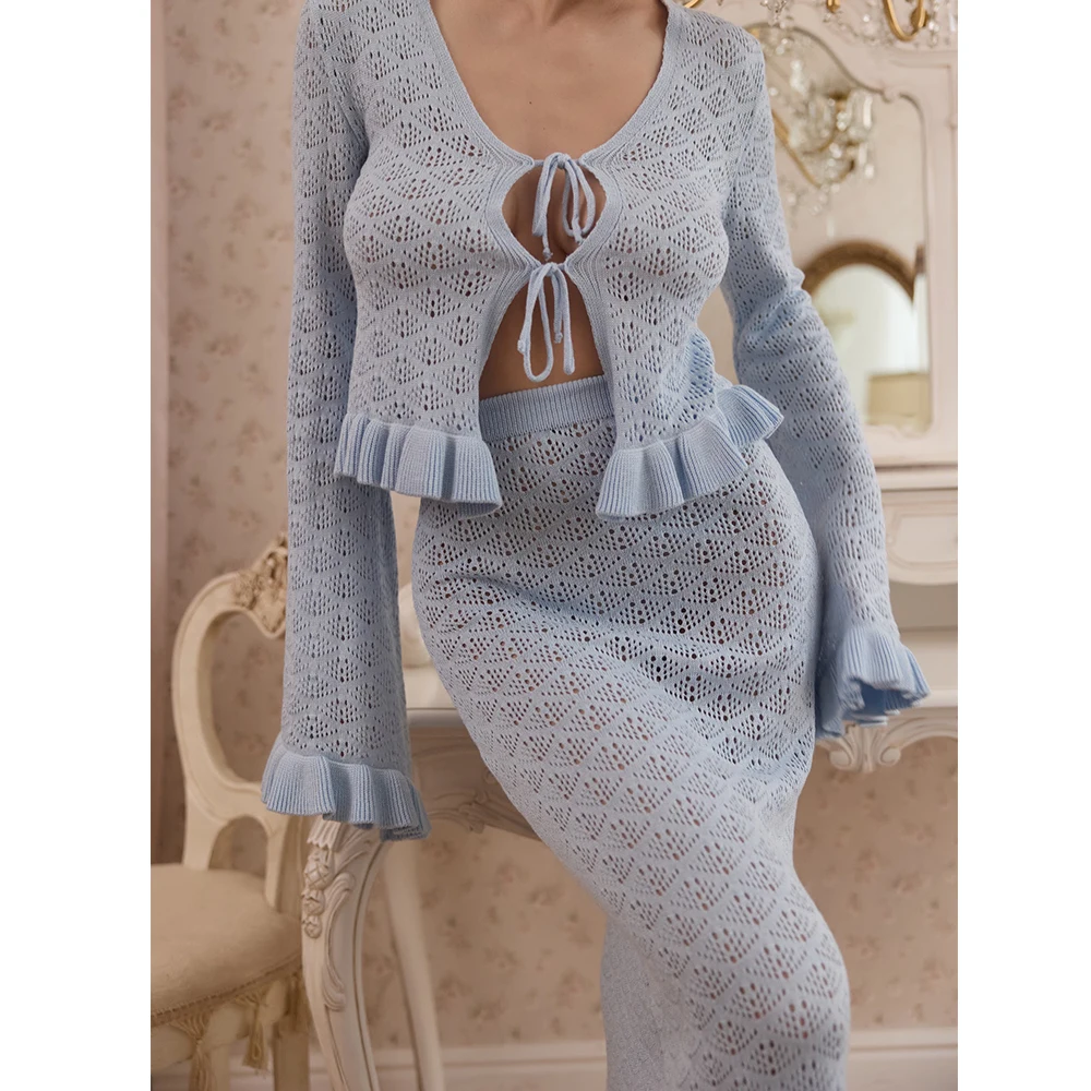 Set Pakaian 2 Potong Musim Gugur Wanita Atasan Depan Dasi Lengan Panjang Ruffle Rajutan Solid Elegan dengan Rok Bodycon Kerut Panjang