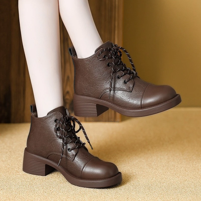 

Women's Ankle Boots 2025 Autumn Comfortable Round Toe Lace-up Fashion Vintage Short Boot Low Heels Leather Boot