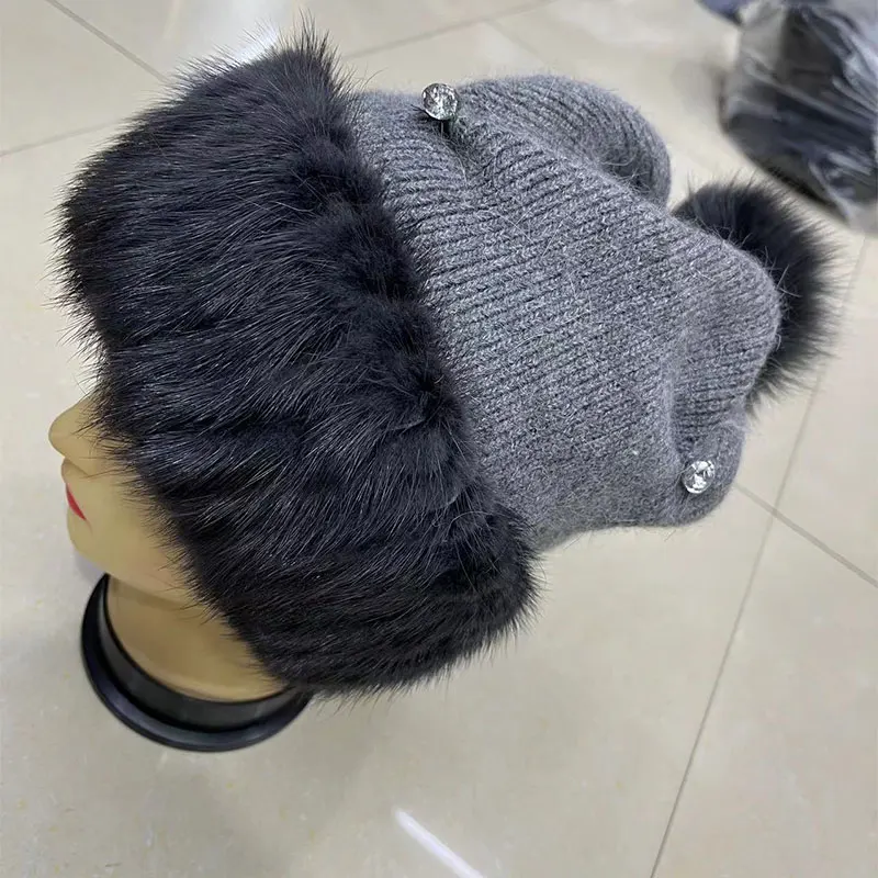 EXCELLENT CHINESE MINK FUR & BLACK KNITTED HAT CAP WOMEN WOMAN SIZE 21\