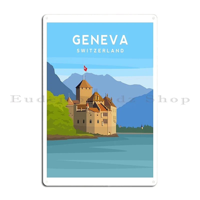 Lake Geneva Switzerland Chillon Castle Metal Sign Retro Printing Bar Cave Pub Customize Tin Sign Poster