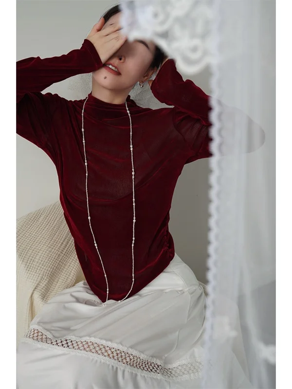 

Женская облегающая футболка Veenjoy из вельвета с высоким воротником и длинными рукавами, цвет розовый, модель S