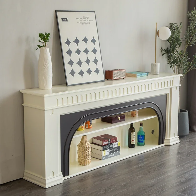 French solid wood modern minimalist small living room arched fireplace cabinet