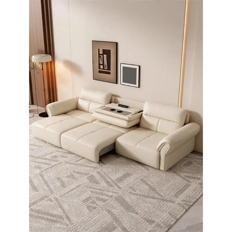 Cream wind belt medium coffee table leather sofa, zero wall function sofa living room small apartment